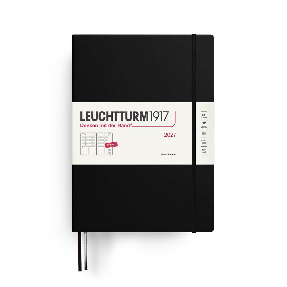 LEUCHTTURM1917 weekly planner 2027 A4+ (Master) - English, black, 315 x 225 mm, January-December (12 months), weekly overview with hourly grid 7:00-22:00 per column, hardcover, 100 g/m² paper - 400307