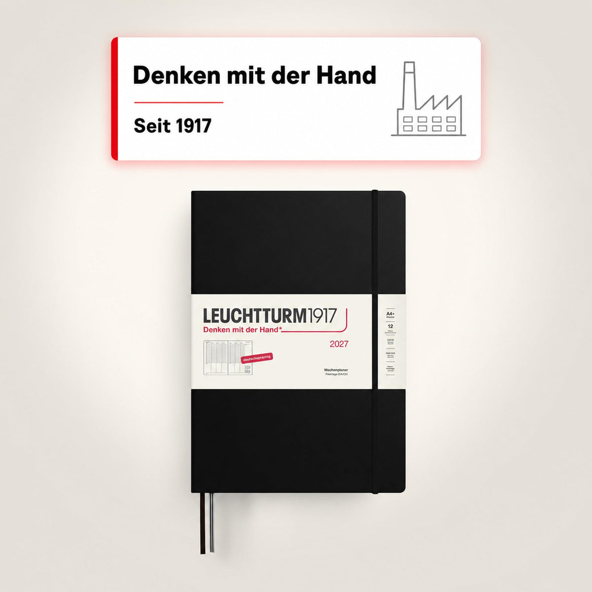 LEUCHTTURM1917 planificator săptămânal 2027 A4+ (Master) - germană, negru, 315 x 225 mm, ianuarie-decembrie (12 luni), prezentare generală săptămânală cu grilă orară 7:00-22:00 per coloană, copertă cartonată, hârtie de 100 g/m² - 400140