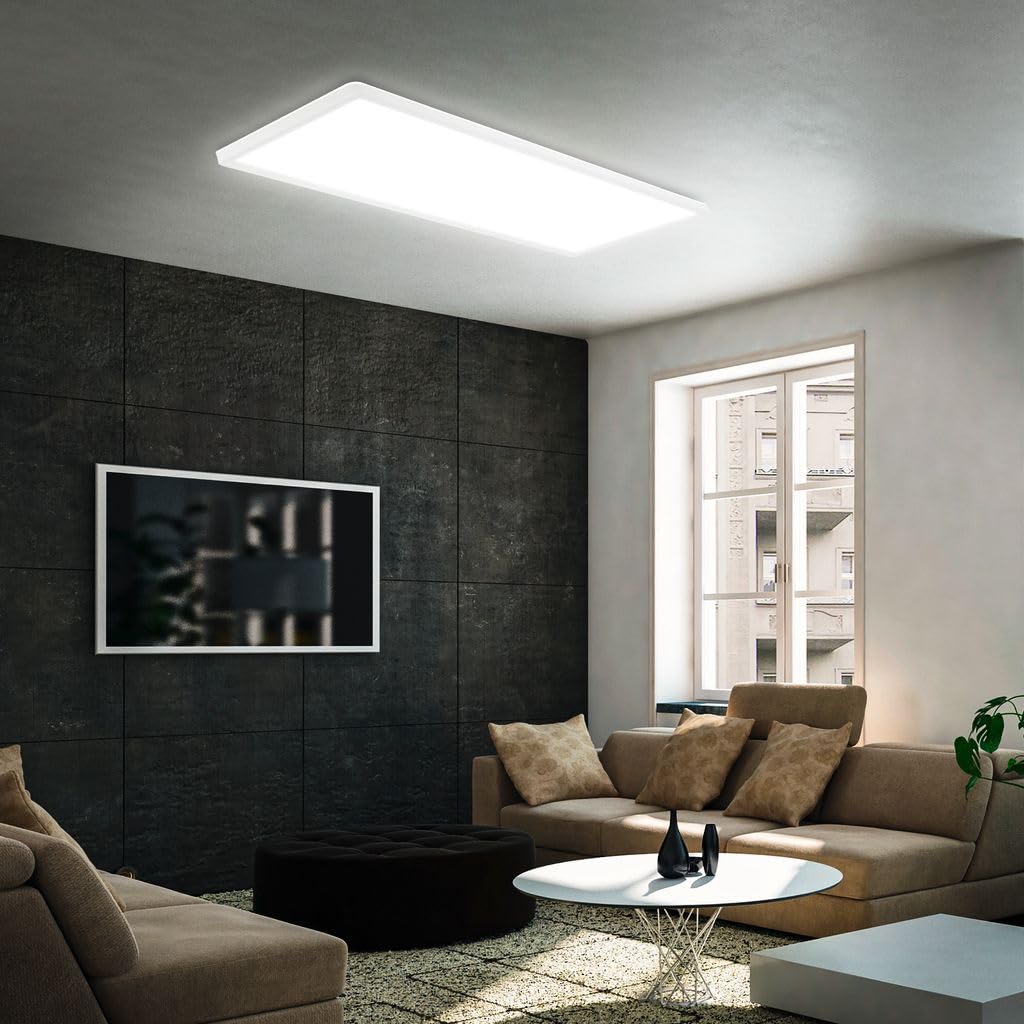 BRILONER - LED ceiling lamp with indirect light, 58cm, 22W, 3,000lm, flat, neutral white light color, lamp, ceiling light, living room lamp, LED panel, kitchen lamp, living room light, 58x20x3 cm, white - 7402-416