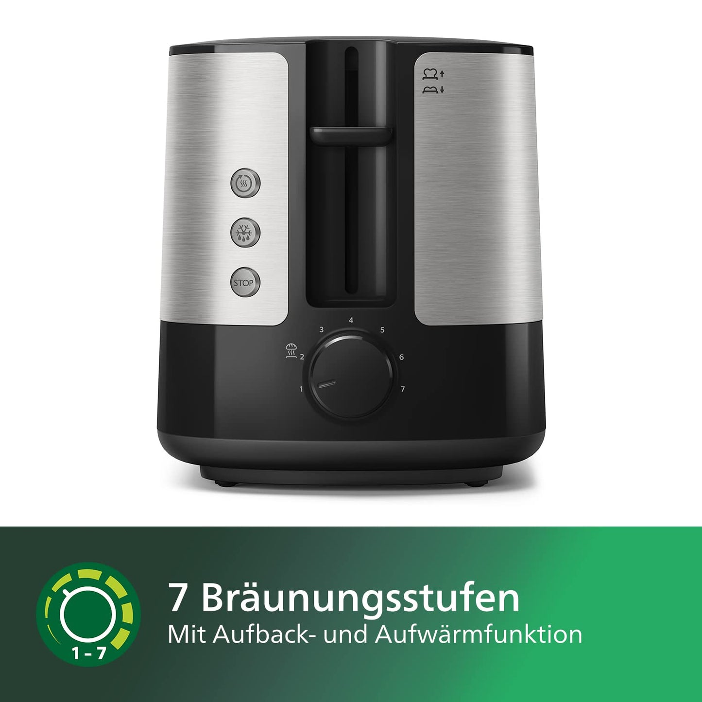 Philips toaster - 2 toast slots, 7 levels, bun attachment, defrost function, automatic switch-off, lift function, black (HD2637/90)