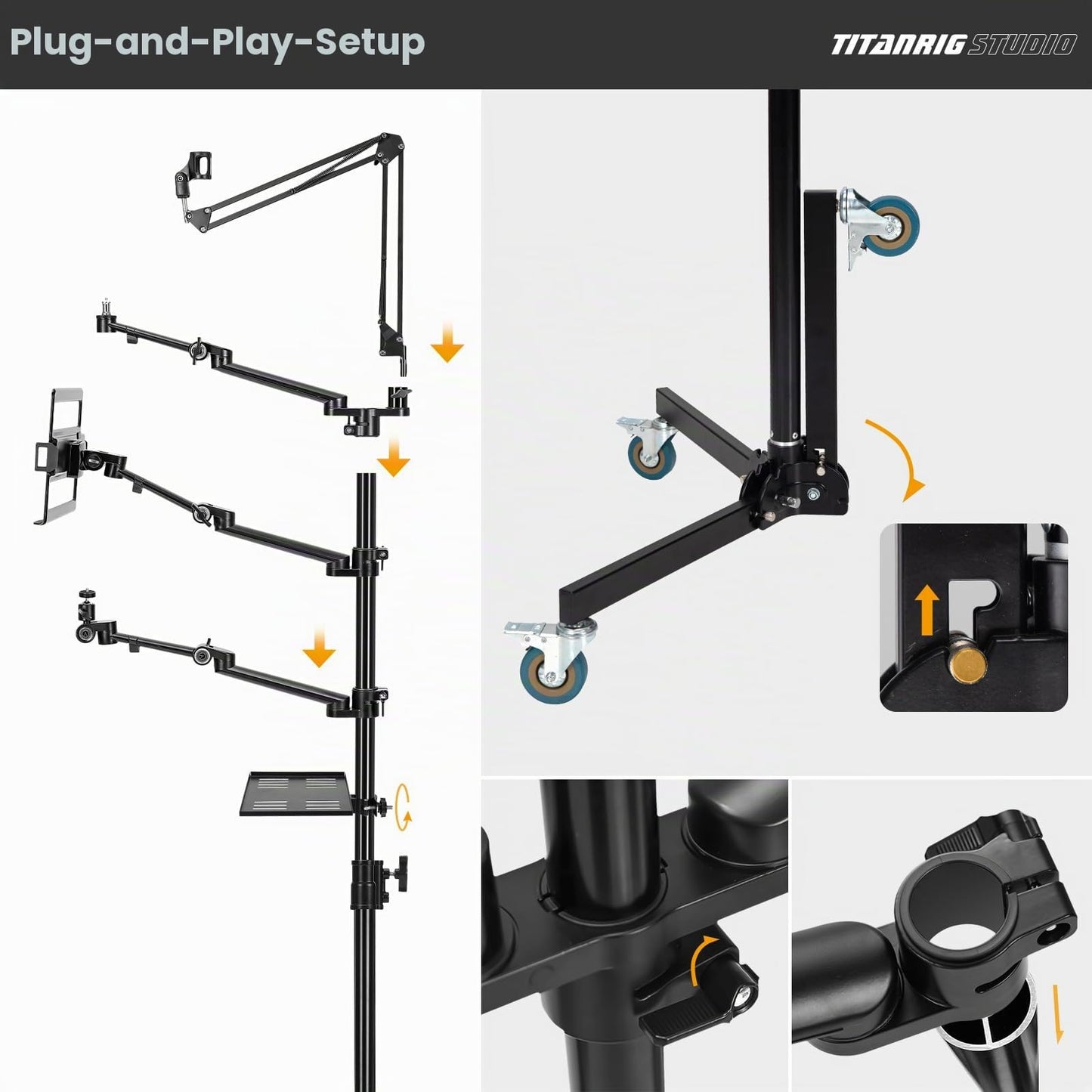 TARION table tripod camera overhead tripod: camera table mount clamp tripod flexible table mount with 4 articulated arms for ring light monitor microphone photography video live streaming titan rig (hallway set) - TitanRig-Floor-EU