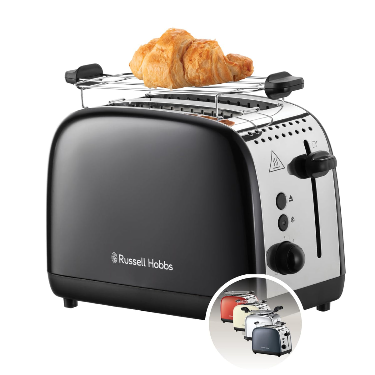 Russell Hobbs Toaster [for 2 slices] Colours Plus Stainless Steel Black (extra wide toast slots, includes bun warmer, 6 browning levels + defrost function, Lift & Look feature, 1600W) 26550-56