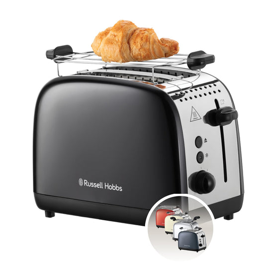 Russell Hobbs Toaster [for 2 slices] Colours Plus Stainless Steel Black (extra wide toast slots, includes bun warmer, 6 browning levels + defrost function, Lift & Look feature, 1600W) 26550-56