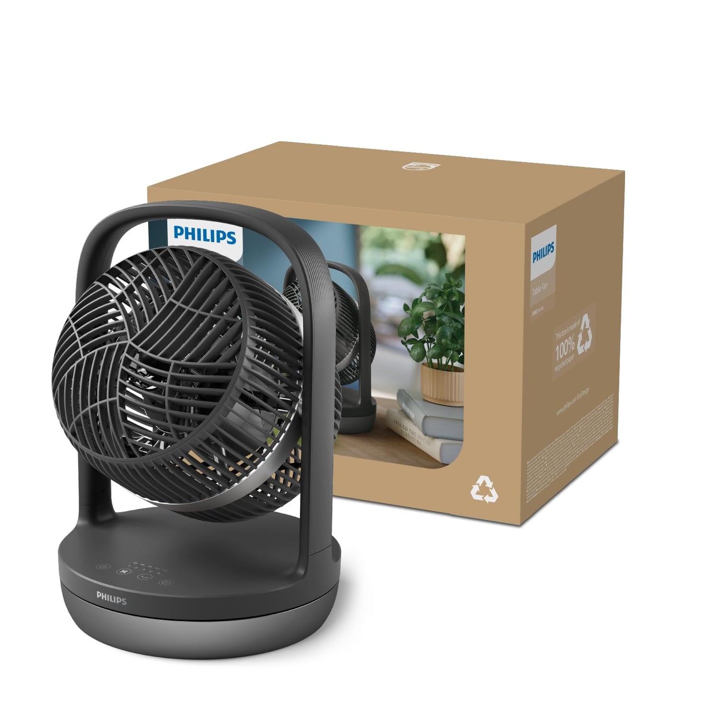 Philips Oscillating Table Fan Series 3000, Strong & Super Quiet with SilentWings Technology at 23 dB, Easy to Carry, Tilt 180°, Timer, Black (CX3050/01)