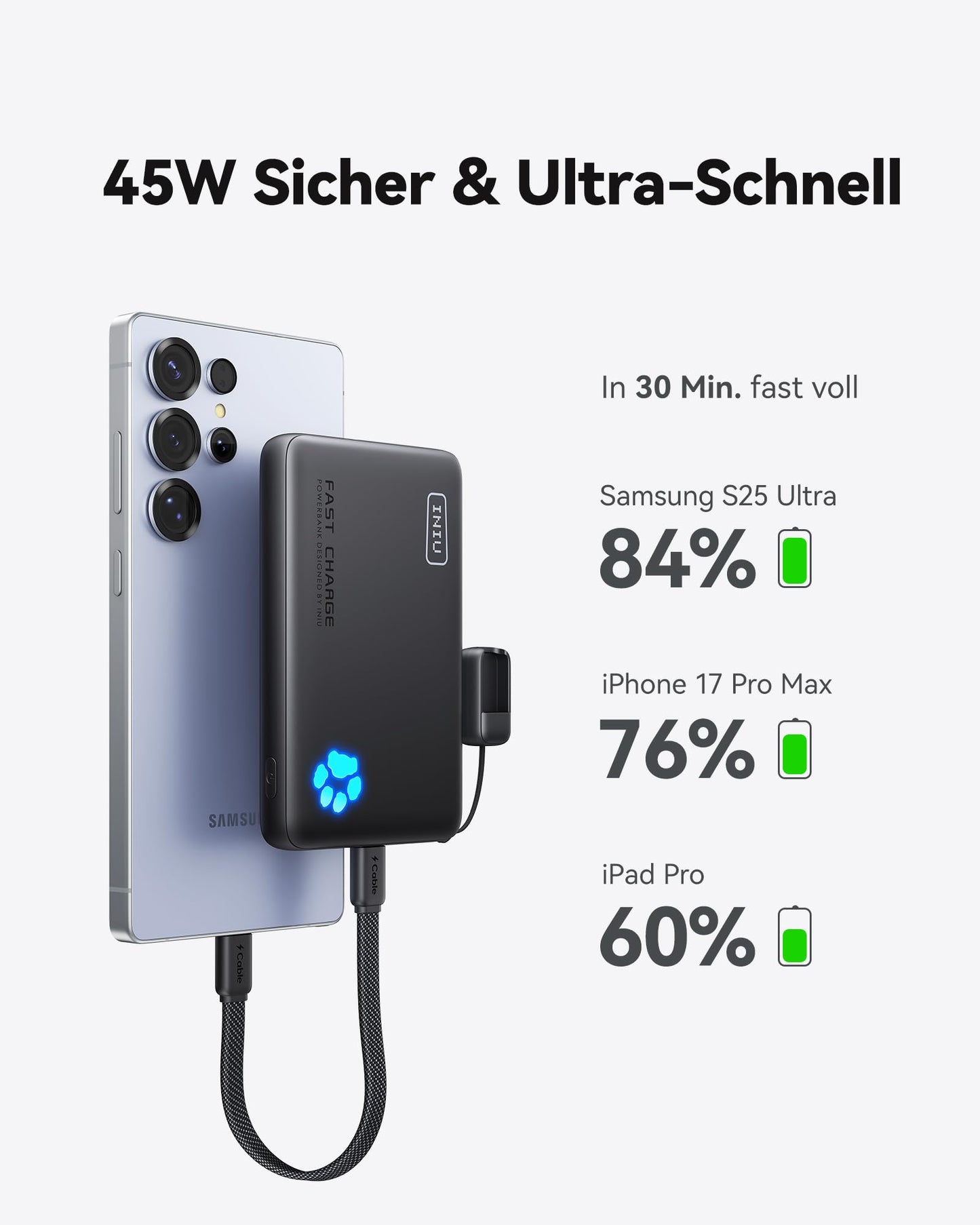 INIU 45W fast charging power bank, 40% small 10000mAh external cell phone batteries - P41
