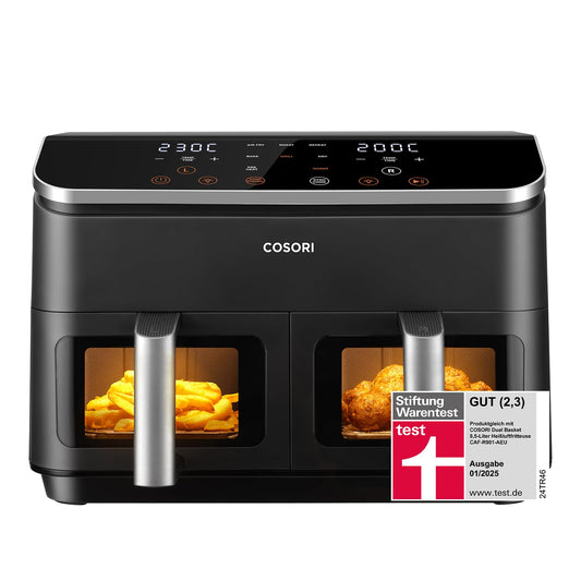 COSORI Airfryer, test winner of Stiftung Warentest, hot air fryer with 2 chambers, 8.5L hot air fryer with viewing window, metal interior reduces plastic contact. - CAF-R901-AEU