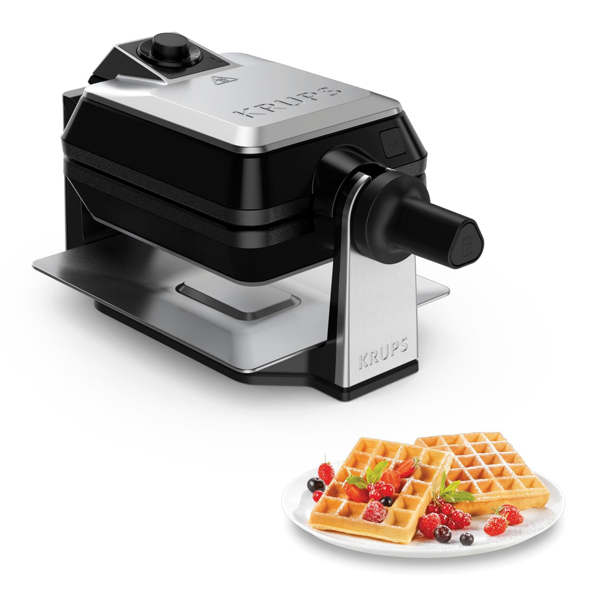 KRUPS Double Waffle Maker Professional, rotating waffle iron for 2 Belgian waffles, bakes crispy & evenly, 7 browning levels and non-stick coating, dishwasher safe, stainless steel/black - FDD95D