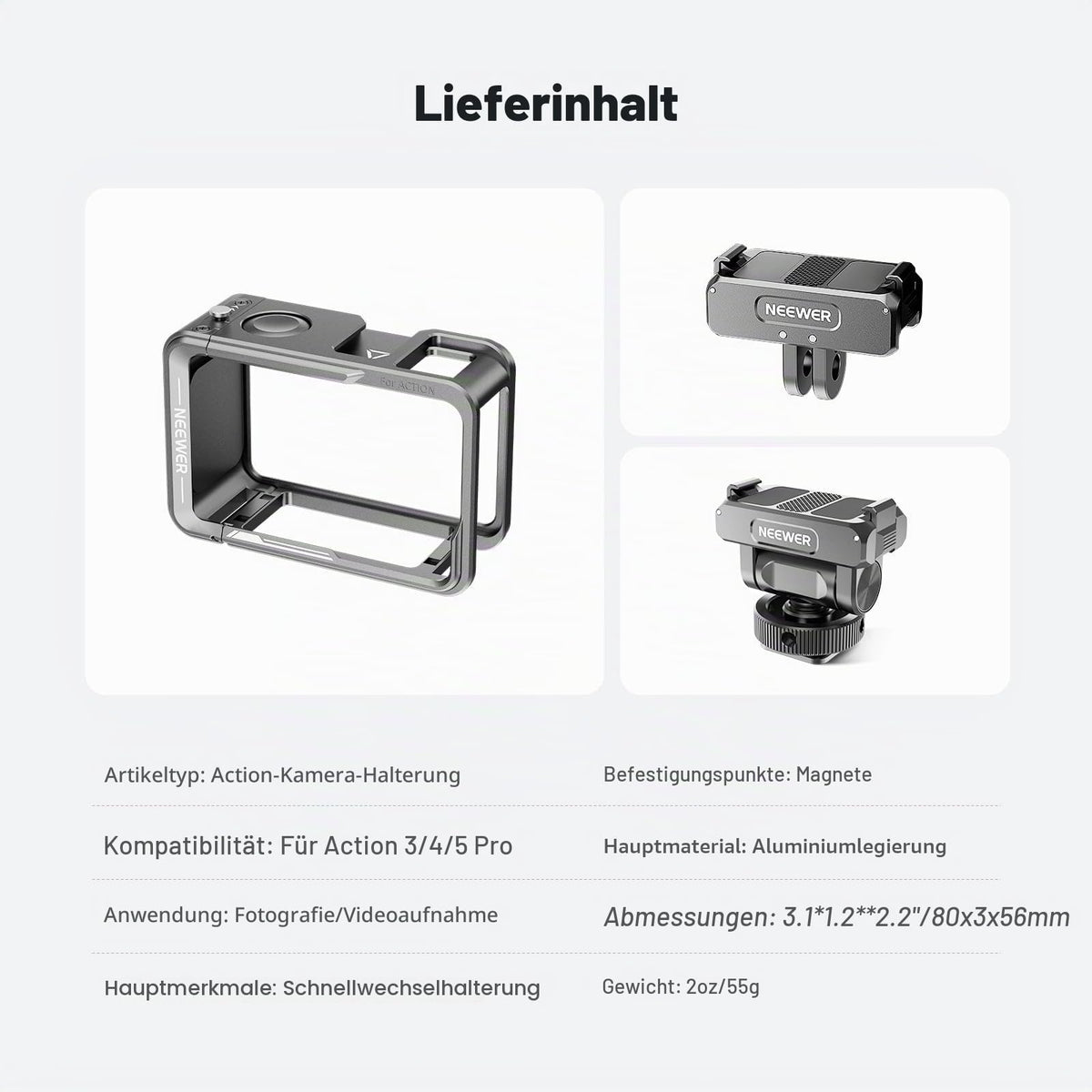 NEEWER Action Camera Cage Set, Compatible with DJI Osmo Action 5 Pro 4 3 DJI Mic, Protective Frame Accessories with Quick Release Cold Shoe Mount and Magnetic Mount Adapter, AC011+AC012+AC014