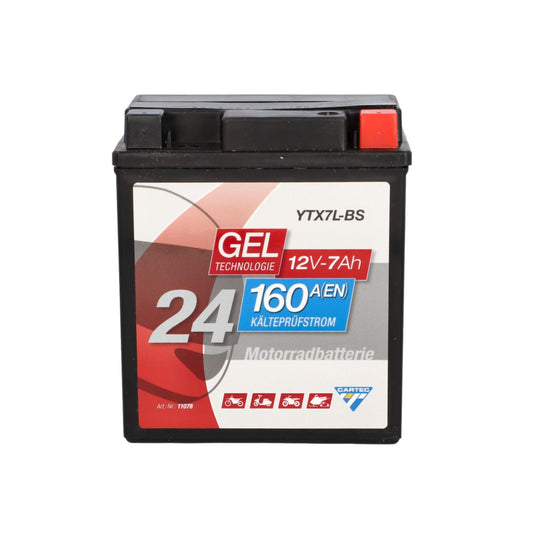 CARTEC motorcycle battery YTX7L-BS, 7Ah, 160A, gel technology motorcycle starter battery, original equipment manufacturer quality, cycle-proof, storable, maintenance-free, black - 11078