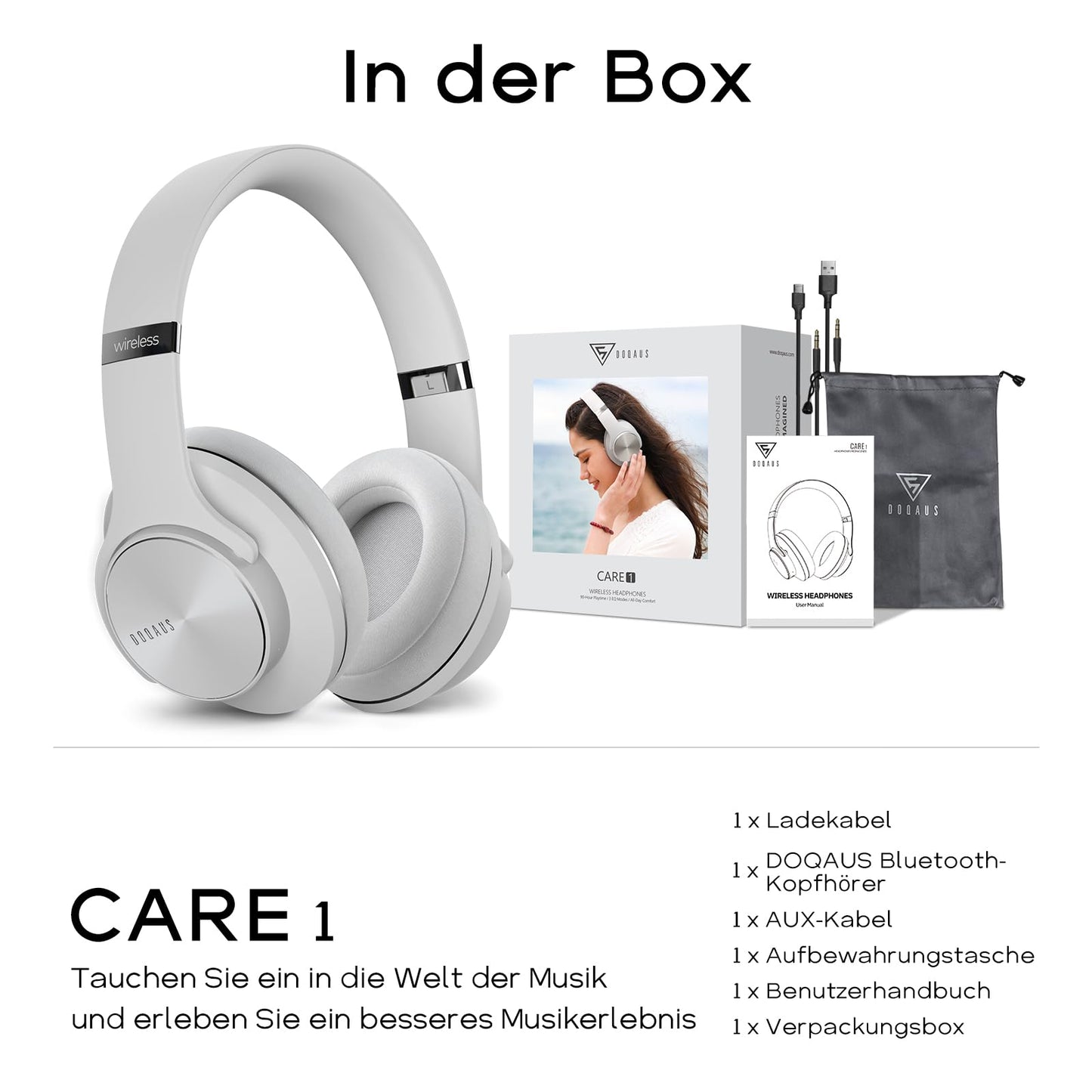 DOQAUS Bluetooth Headphones Over Ear, Up to 90 Hours Wireless Headphones with 3 EQ Modes, HiFi Stereo Foldable Headset with Microphone, Soft Ear Pads for iPhone/ipad/Android/Laptops-Light Gray - Care1