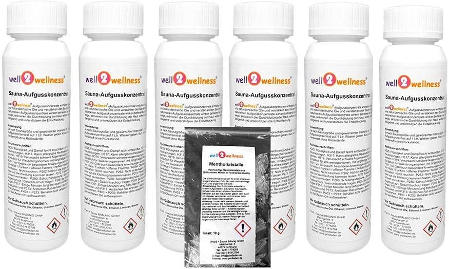 well2wellness® Sauna Infusion Set 'Sample Set/Starter Set' 6 x 125 ml + free 10g Menthol Crystals - SAPS-KL6