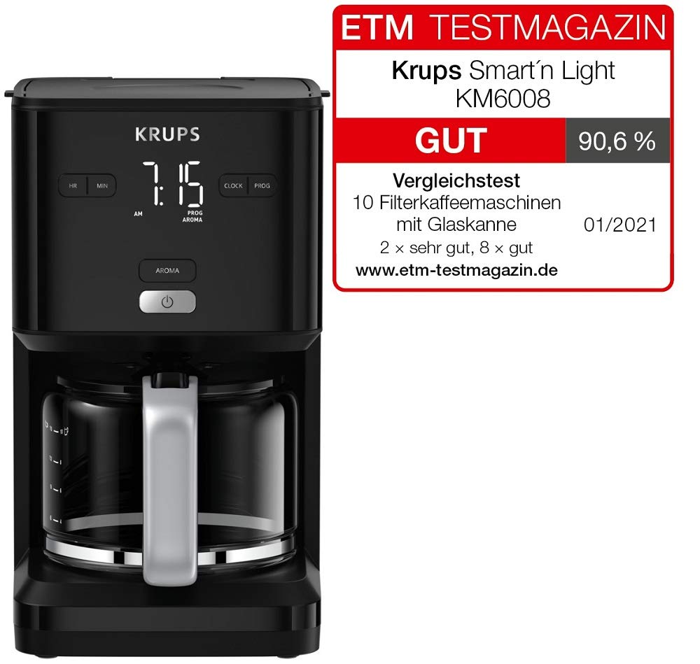 Krups Smart'n Light Coffee Machine with Timer, for 1.25 liters of filter coffee, keep warm function, automatic shut-off, black, KM600810