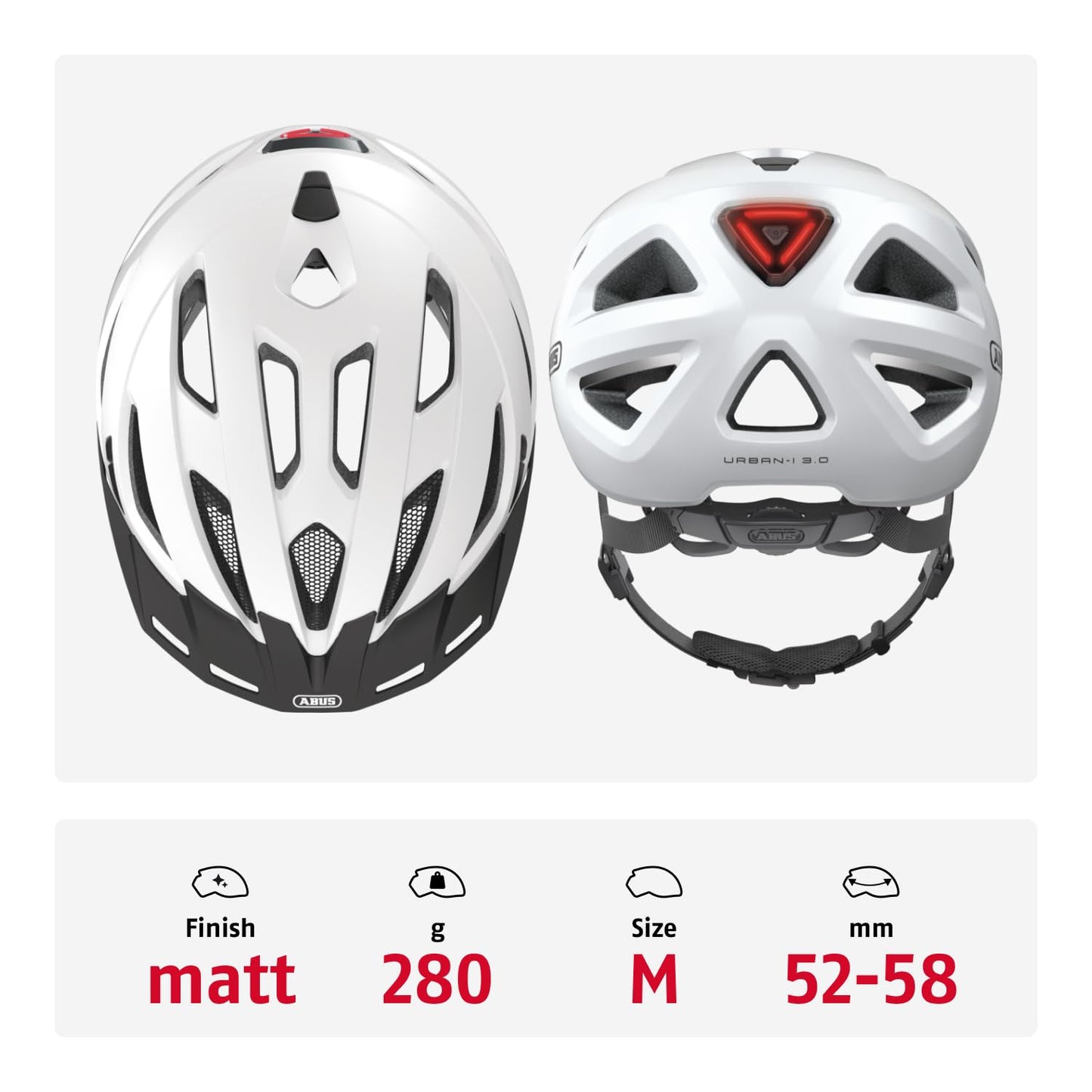 ABUS city helmet Urban-I 3.0 - bicycle helmet with rear light, peak and magnetic fastener - for men and women - white, size M - 86859