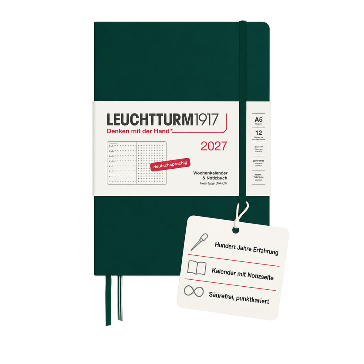 LEUCHTTURM1917 Calendar săptămânal 2027 punctat mediu (A5) cu caiet - Planificator de întâlniri german, verde pădure, ianuarie-decembrie 2027, prezentare generală săptămânală în stânga + pagină cu note în dreapta - 400095
