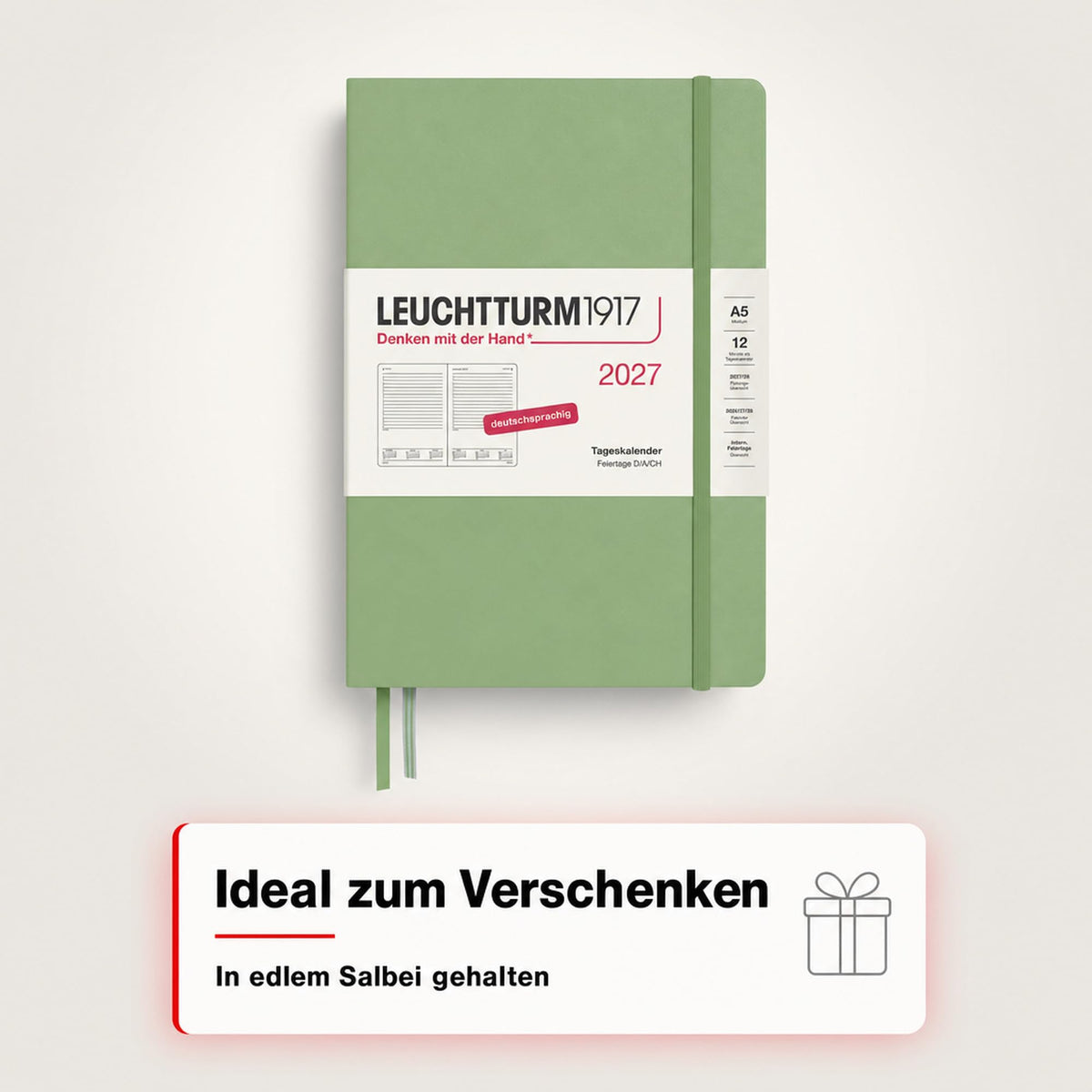LEUCHTTURM1917 Calendar zilnic 2027 Medium (A5) - germană, salvie, 145 x 210 mm, ianuarie-decembrie (12 luni), 1 pagină pe zi, grilă orară 7:00 a.m. - 22:00 p.m., copertă cartonată, hârtie de 80 g/m² - 400161