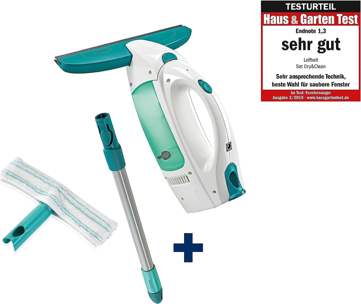 Leifheit window vacuum set Dry & Clean with handle and washer for 360° streak-free cleaning, window cleaner can be used for up to 38 minutes, window cleaner with automatic stand-by and click system - 51003