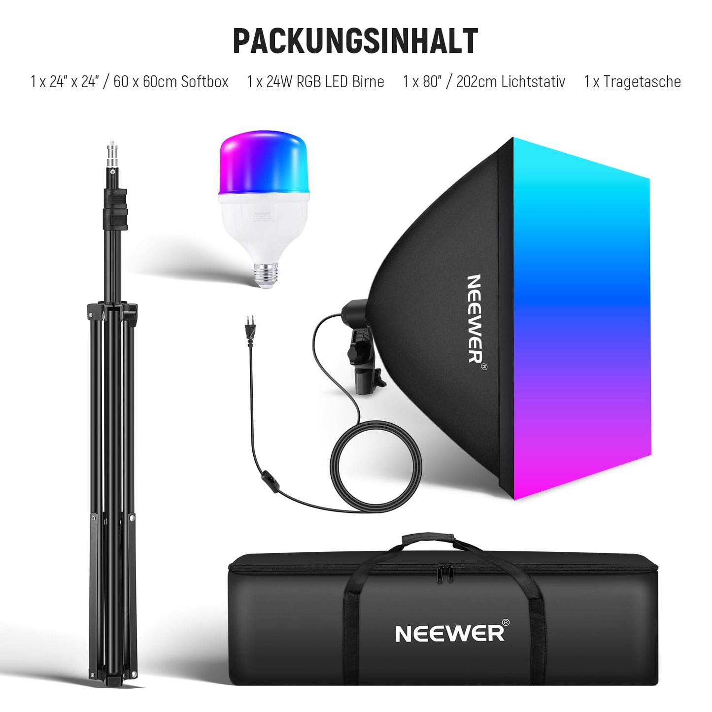 NEEWER RGB softbox lighting set with app control and 9 effect modes, 24W LED light bulb CRI93+ TLCI98+, E27 porcelain socket, 24" photo studio soft box, for studio photography video lighting, NK800 - 10104264