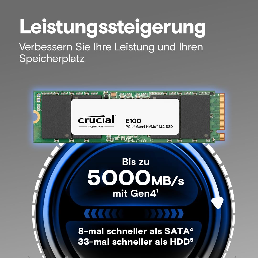 Crucial E100 1TB M.2 PCIe Gen4 NVMe SSD Intern, până la 5.000 MB/s, compatibil cu laptopuri și desktopuri - CT1000E100SSD8