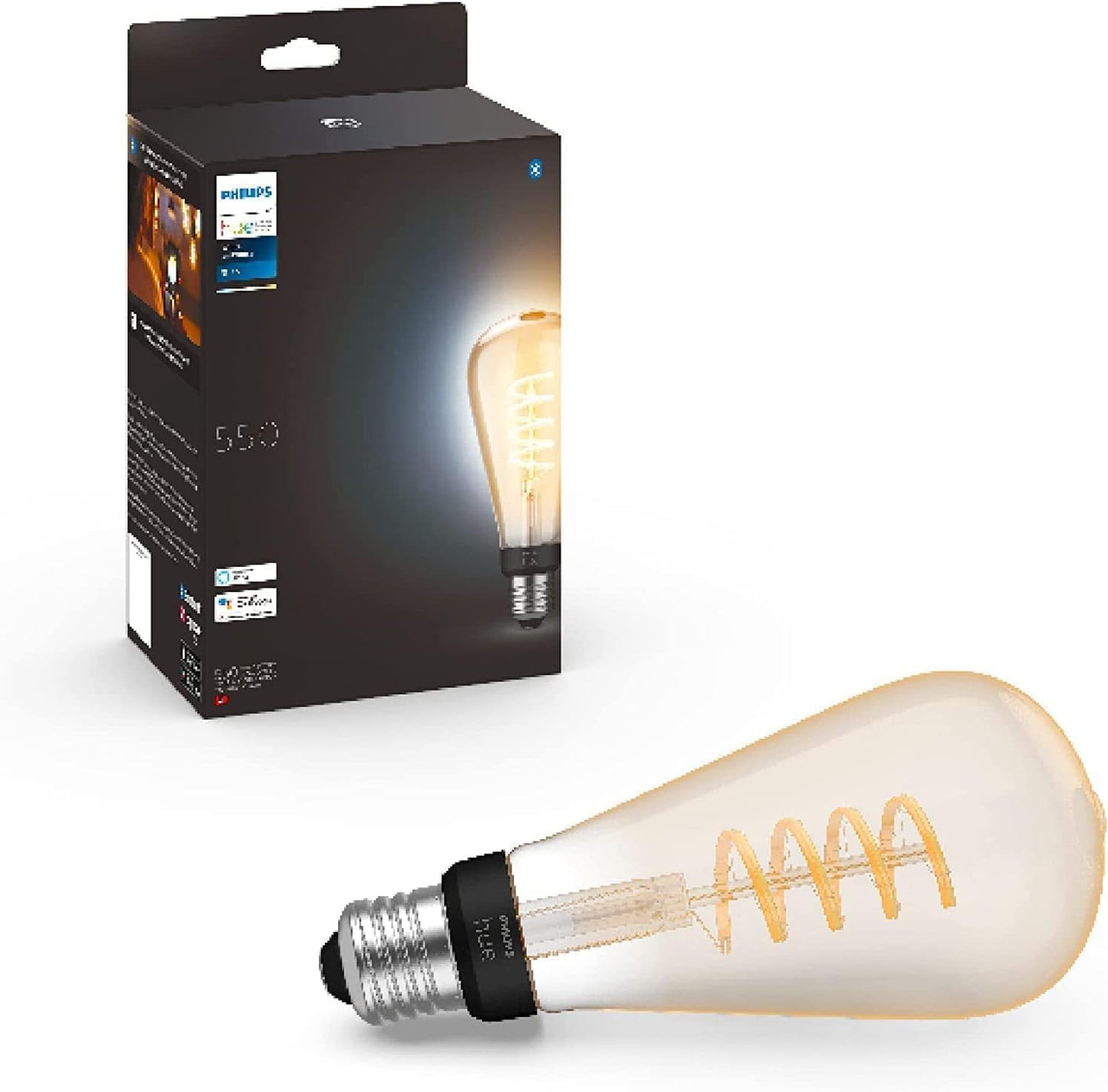 Philips Hue White E27 Large Edison Filament ST72 550lm, warm white light, dimmable, controllable via app, compatible with Amazon Alexa (Echo, Echo Dot), pack of 1 - 929003052301