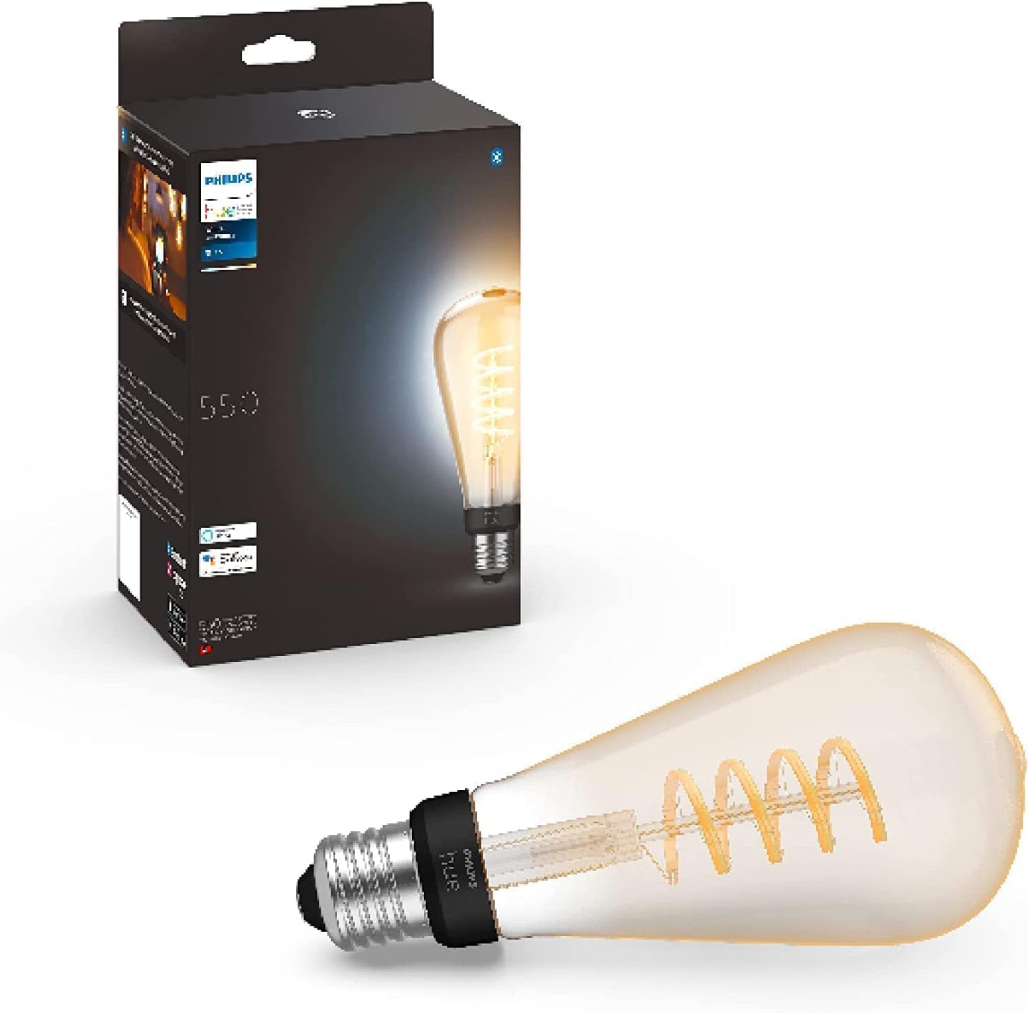 Philips Hue White E27 Filament Edison Mare ST72 550lm, lumină alb cald, reglabil, controlabil prin aplicație, compatibil cu Amazon Alexa (Echo, Echo Dot), 1 bucată - 929003052301