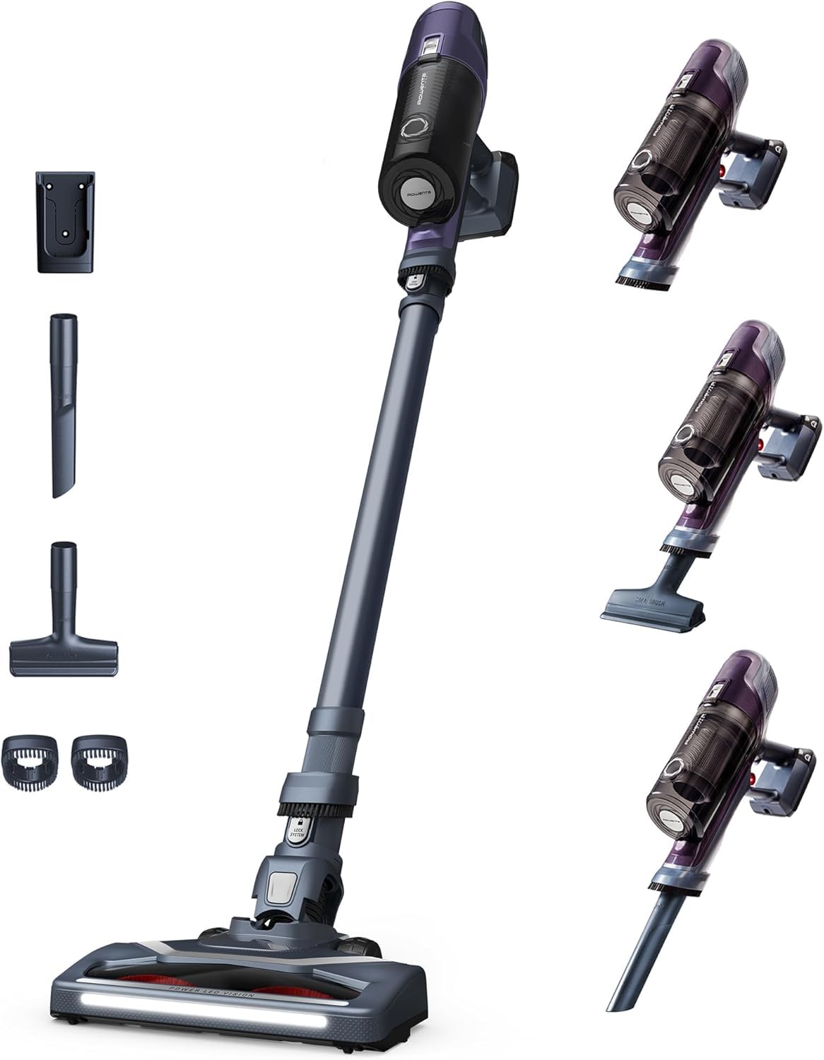 Rowenta X-Pert 6.60 Essential Cordless Vacuum Cleaner, 100 W power, 45 min runtime, bagless & cordless, LED brush head, removable battery, includes crevice nozzle and wall mount, violet/black, RH6838