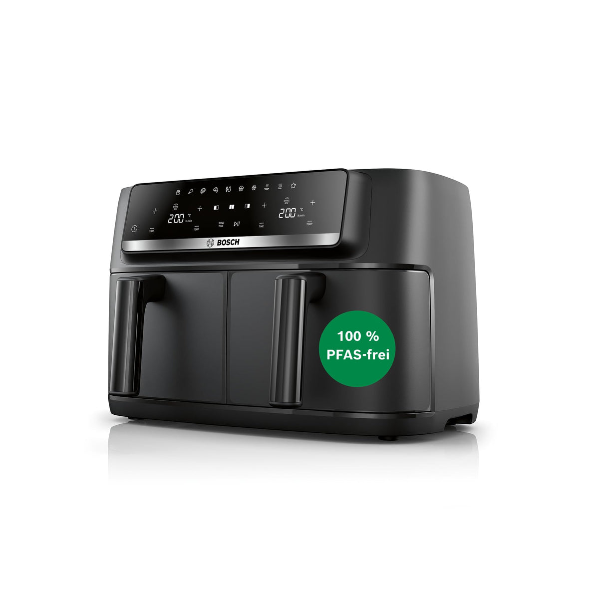Frigider cu aer Bosch Heißluftfritteuse Serie 4, cu două camere, 9L (2 * 4,5L) Airfryer Dual, 6 programe, până la 230 grade, potrivit pentru mașina de spălat vase, fără PFAS, negru, MAFD440B0
