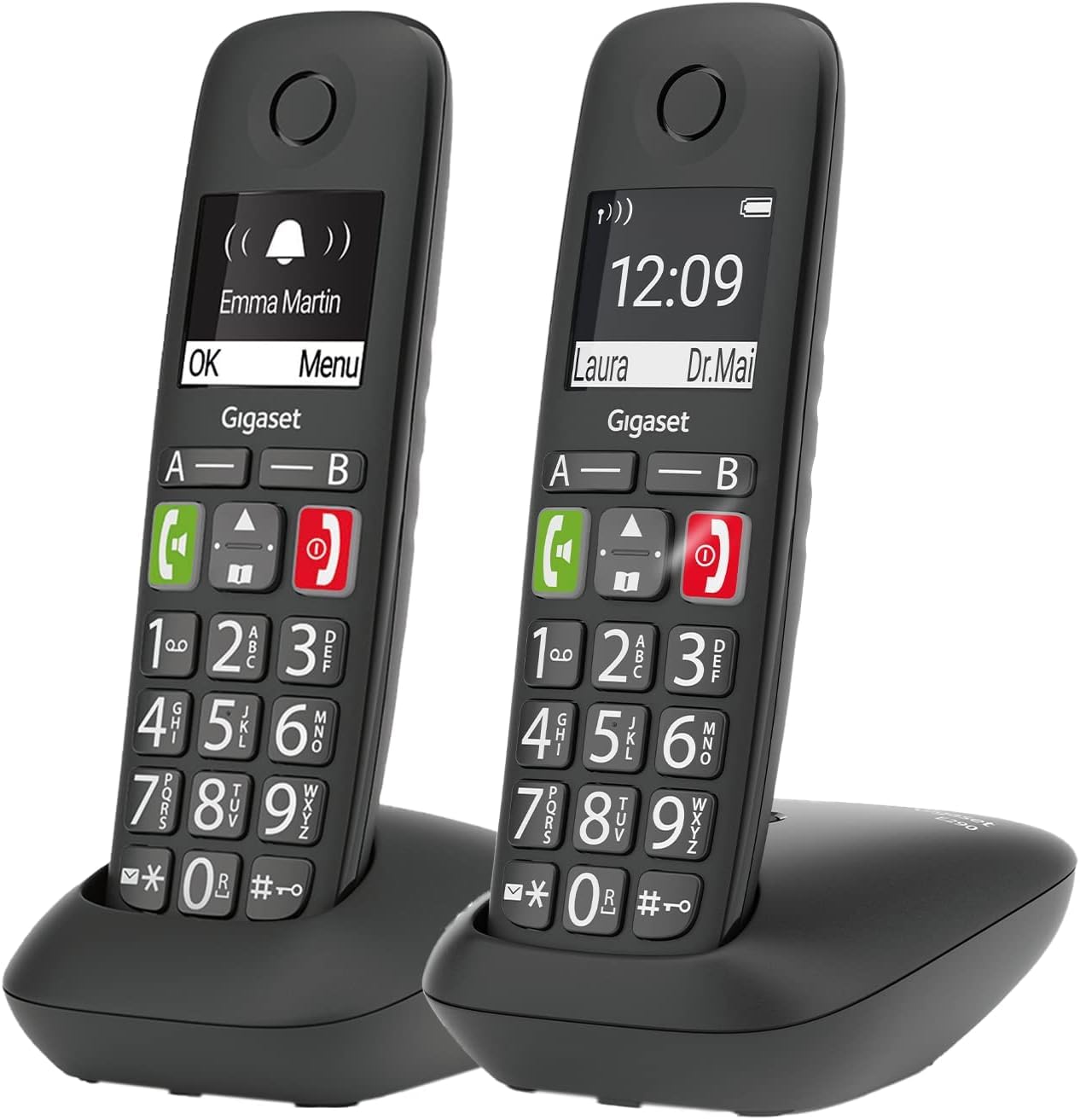 Gigaset E290 Duo - 2 cordless senior telephones without answering machine, large buttons, direct dial buttons for important numbers, amplifier function for extra loud listening, black [German version]