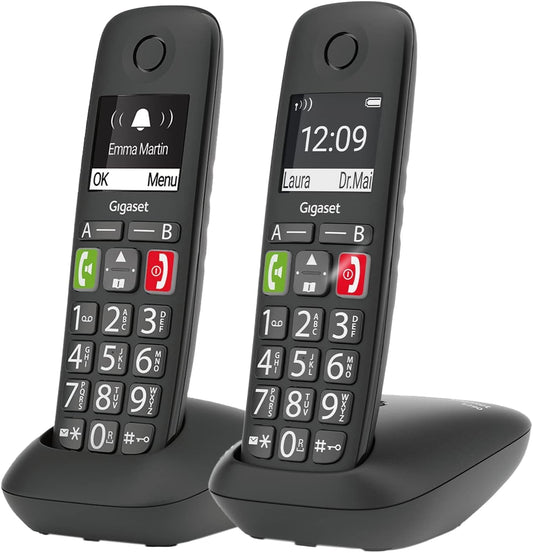 Gigaset E290 Duo - 2 cordless senior telephones without answering machine, large buttons, direct dial buttons for important numbers, amplifier function for extra loud listening, black [German version]