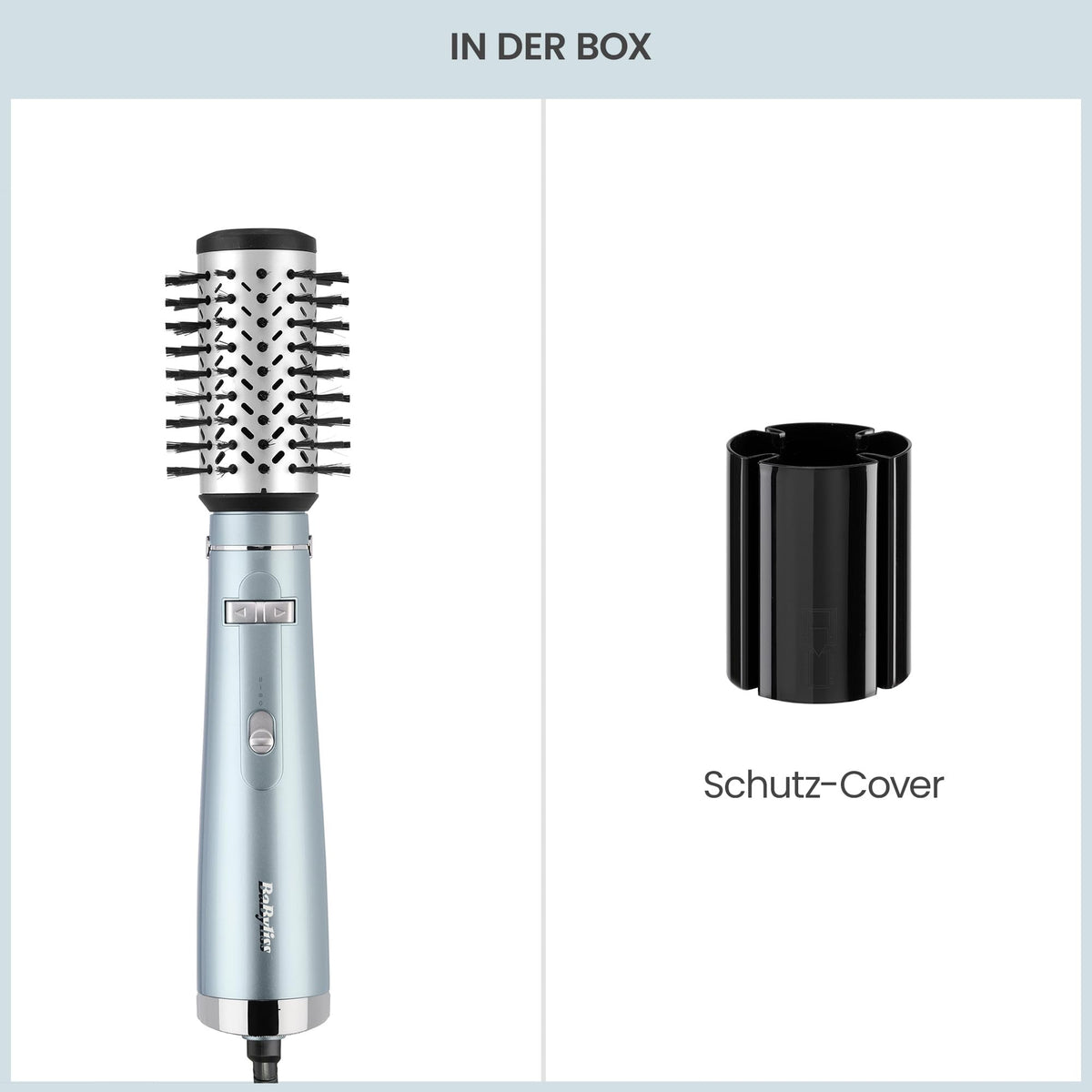 BaByliss Hydro Fusion rotating hot air brush with anti-frizz technology provides moisture and shine, hair dryer brush with ion technology, 1 attachment for volume and fullness, ice blue, AS773E
