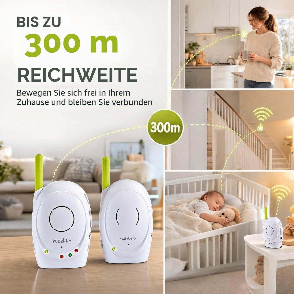 Nedis Audio-Baby-Monitor – Babyfoane fără fir cu funcție de intercomunicare și rază de 300 m – Set de 2 – Verde/Alb - BAMO110AUWT