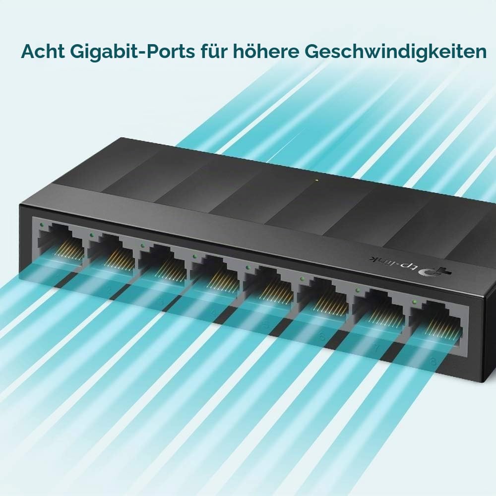 Switch de birou TP-Link LS1008G cu 8 porturi (8 x porturi RJ45 Gigabit cu negociere automată, IEEE 802.3X, Plug and Play, Economie de energie, Carcasă din plastic pentru montare ușoară pe masă sau pe perete) Negru (Pachet de 2)