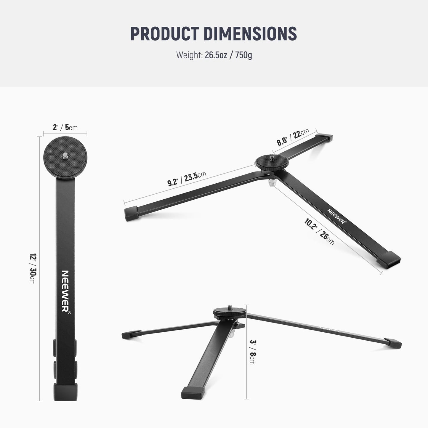 NEEWER Metal Mini Tripod Base for TL120C TL60 CL124 Tube Light Wall Stick, Extra Stable Foldable Handheld Tripod Legs Feet Table Lamp Stand with 1/4" Screw, Silicone Pad, 3"/8cm Low Angle, CTN5