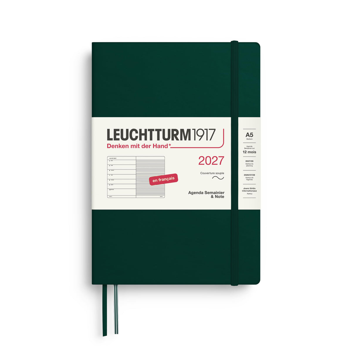 LEUCHTTURM1917 Weekly Calendar 2027 Medium (A5) with Notebook, Lined - French Appointment Planner, Forest Green, Softcover, January-December 2027, Weekly Overview on the Left + Notes Page on the Right - 400392