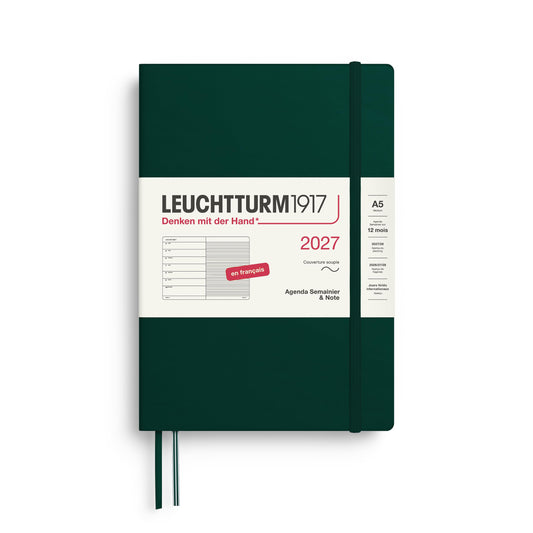 LEUCHTTURM1917 Calendar săptămânal 2027 mediu (A5) cu carnet, cu linii - Planificator de întâlniri francez, verde pădure, copertă moale, ianuarie-decembrie 2027, prezentare generală săptămânală în stânga + pagină cu note în dreapta - 400392