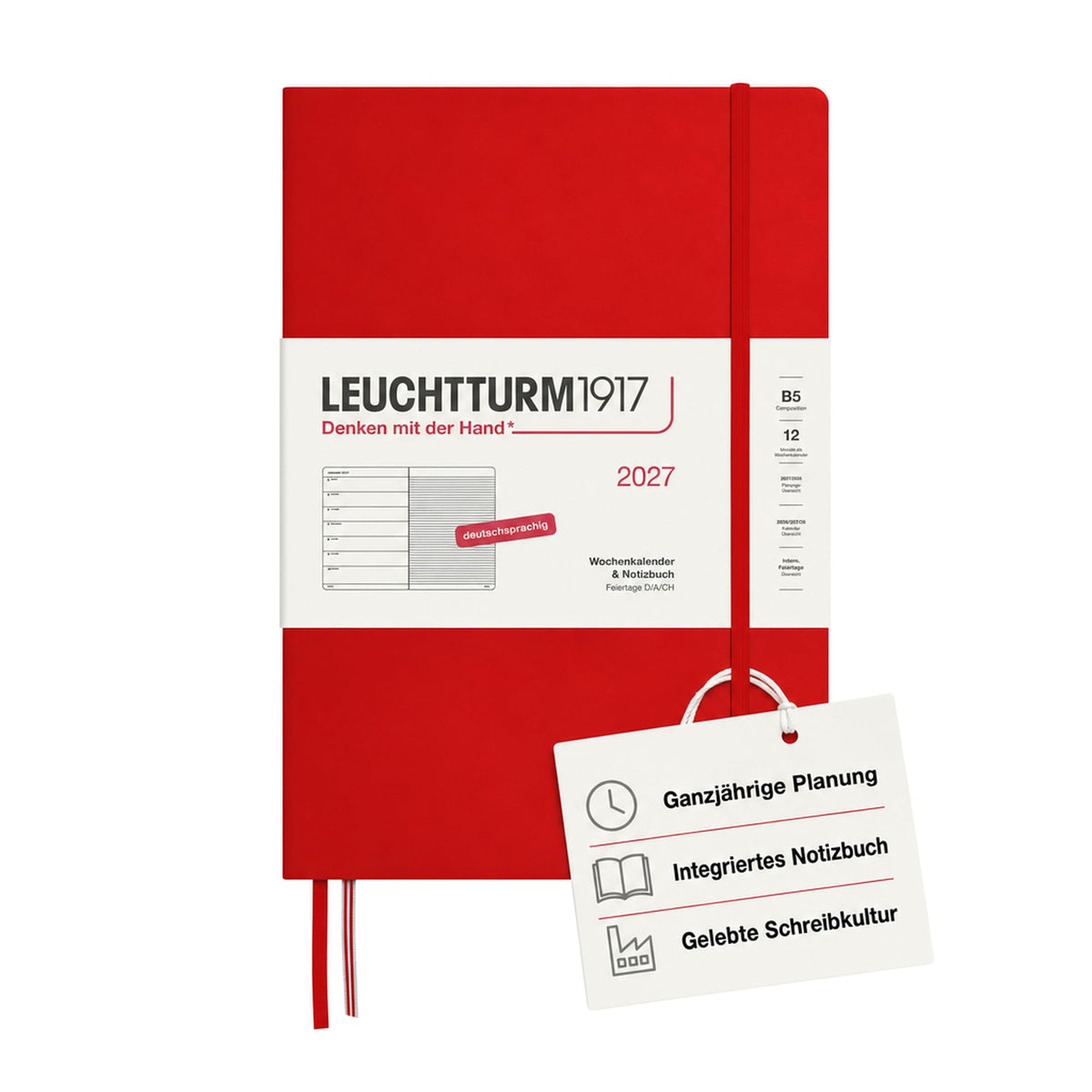 LEUCHTTURM1917 Calendar săptămânal 2027 Compoziție (B5) cu caiet - Planificator de întâlniri german, Cireș, ianuarie-decembrie 2027, Prezentare generală săptămânală în stânga + Pagina de note în dreapta - 400040