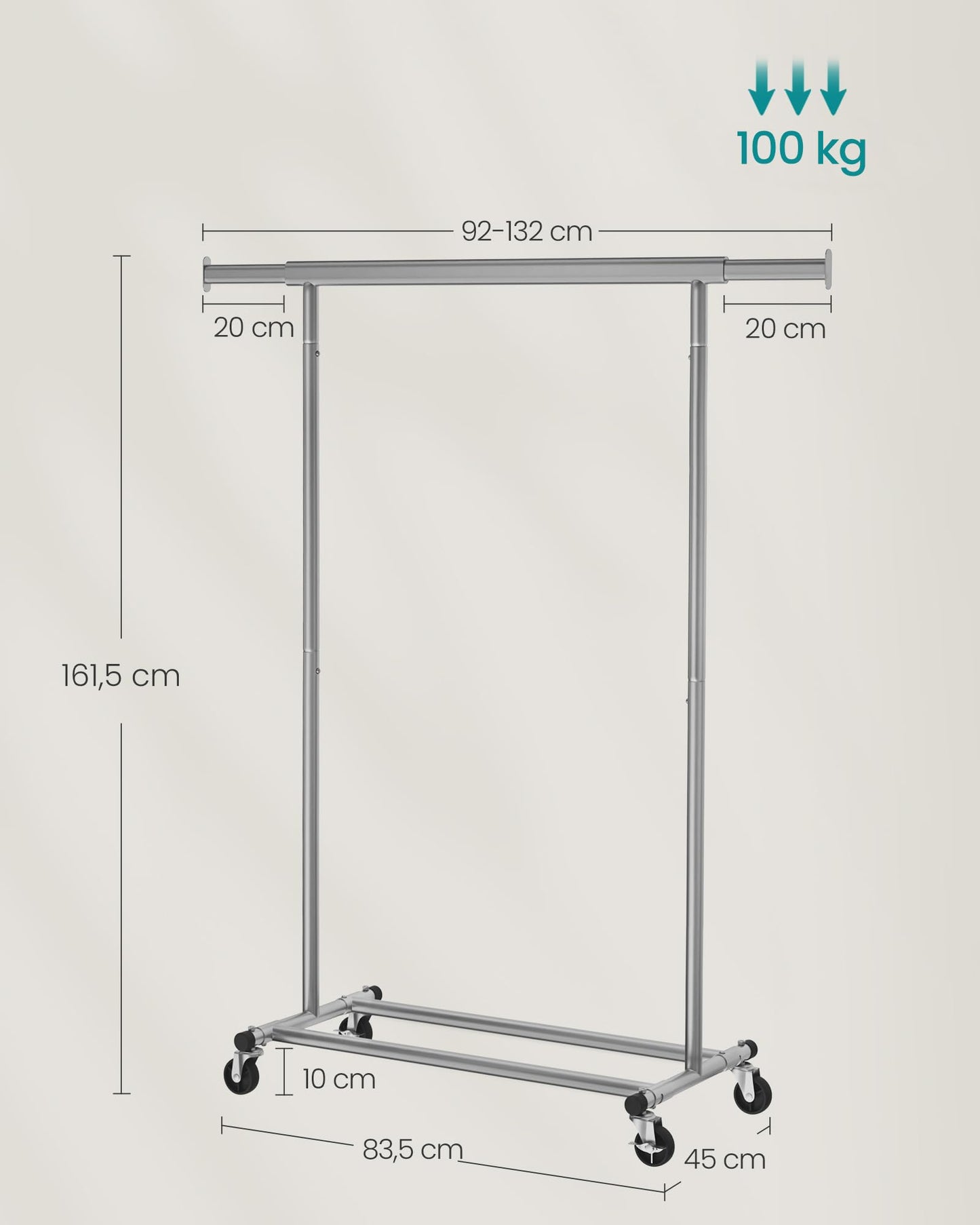 SONGMICS clothes rack on wheels, heavy-duty coat rack, extendable clothes rail, loads up to 100 kg, easy assembly, transportable, dove gray HSR013G01 - UHSR013G01