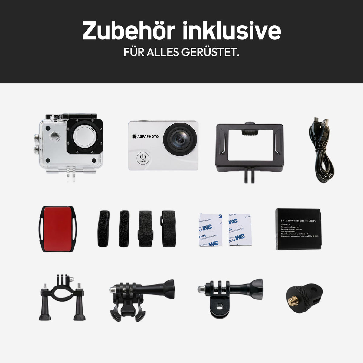 AgfaPhoto - Cameră sport - AC5000 - True 720P 30FPS, unghi larg de 110°, carcasă impermeabilă până la 30m - WiFi - 12 accesorii incluse