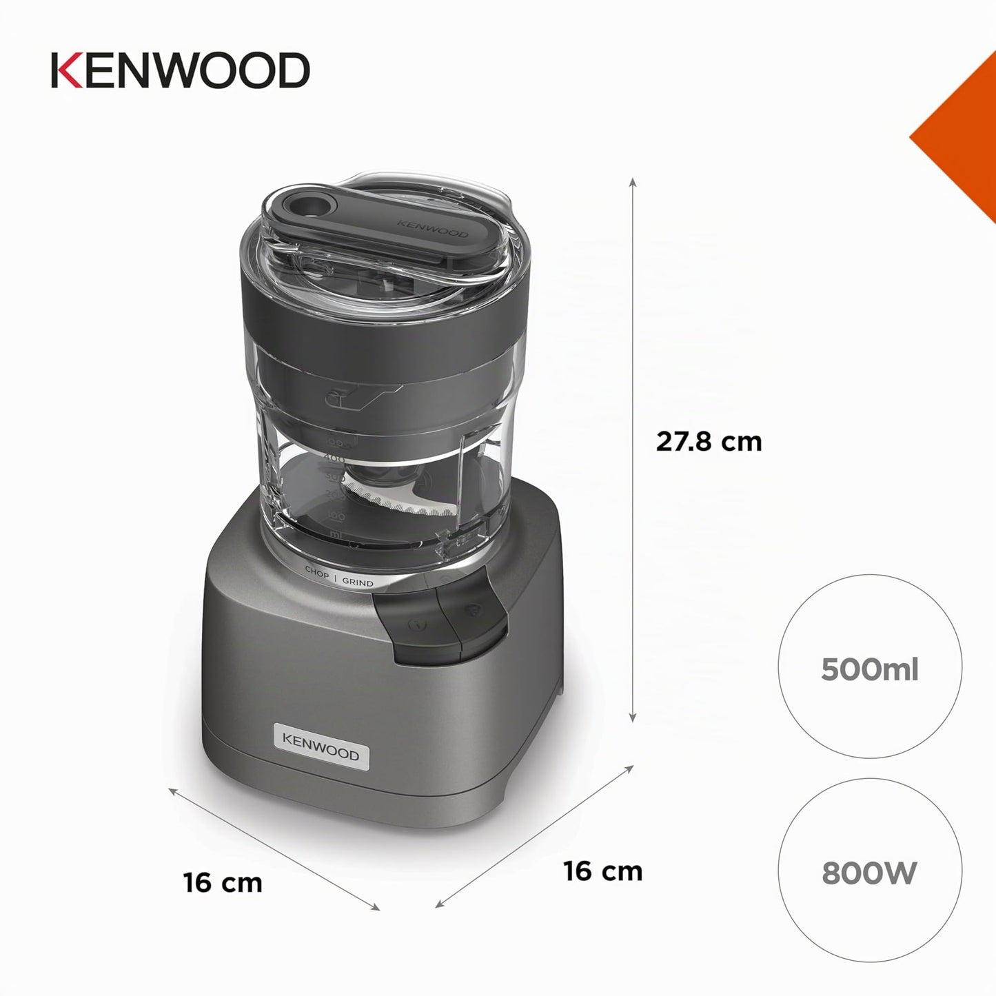 Kenwood Duo Prep 2-in-1 CHP80.000SI Multi Chopper & Grinder, Quadblade Blades, High Speed Grinder, Compact, Pulse Function, Non-Slip, 500ml Container, Dishwasher Safe, 800W, Silver