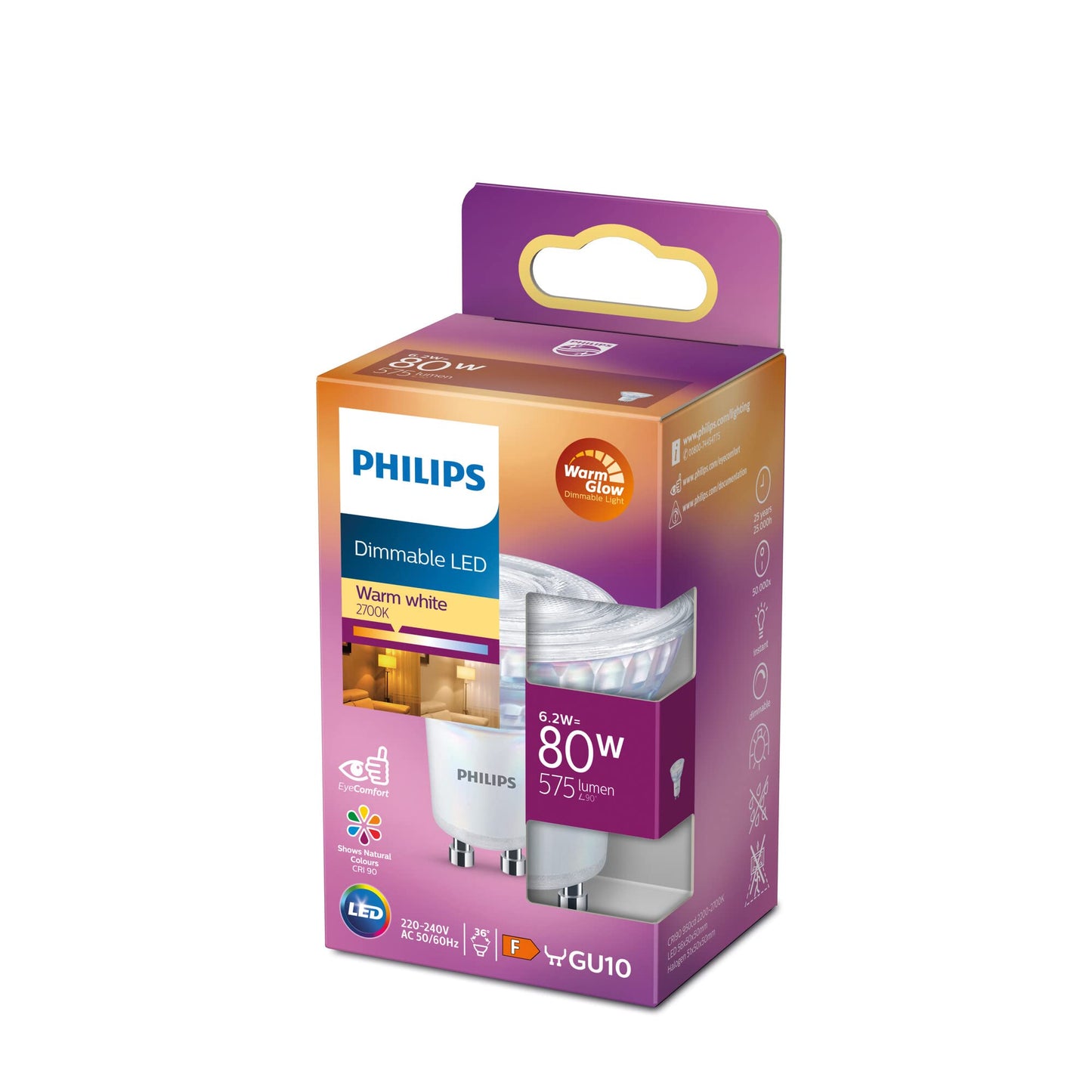 Philips LED Classic GU10 lamp Warm Glow (80 W), dimmable reflector LED spot with warm white light, energy-saving lamp with long service life, Warmglow dimmable - 929002065903