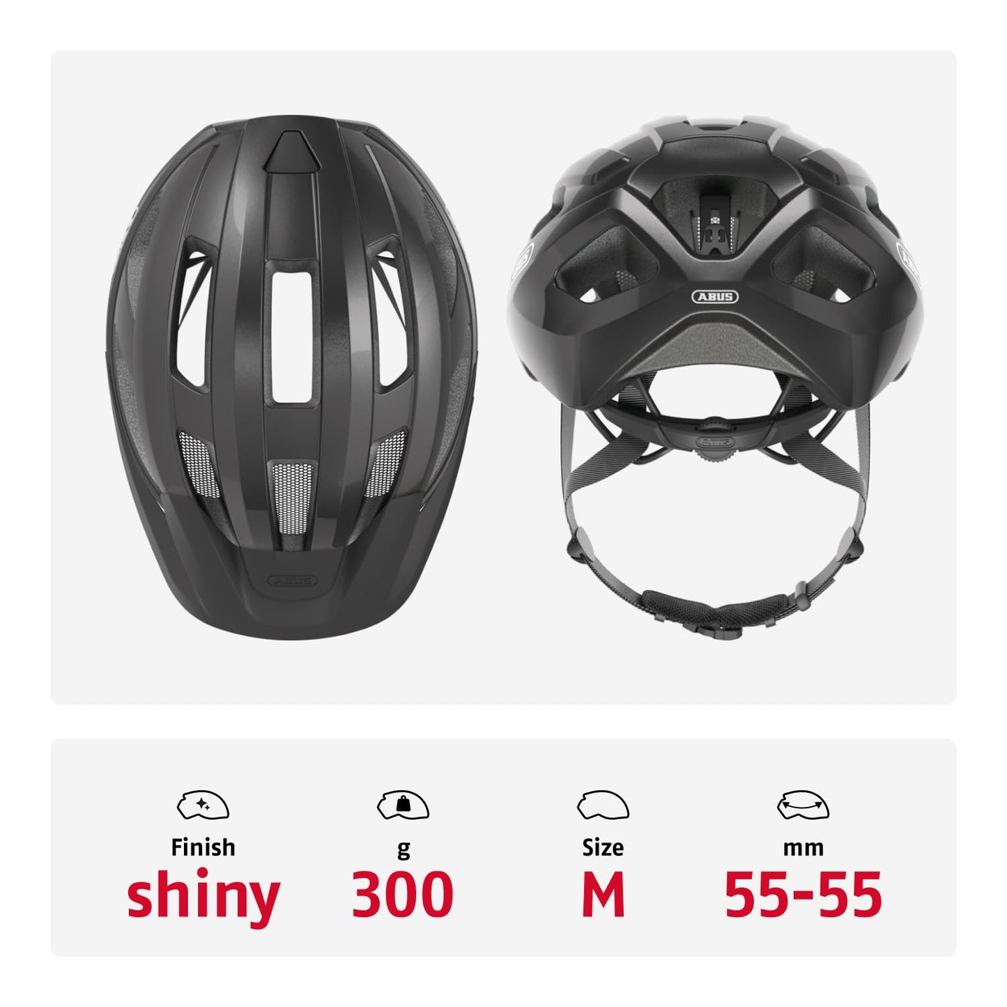 ABUS road bike helmet Macator - sporty bike helmet for beginners - also for pigtail wearers - for men and women - titanium (glossy gray), size M - 87216