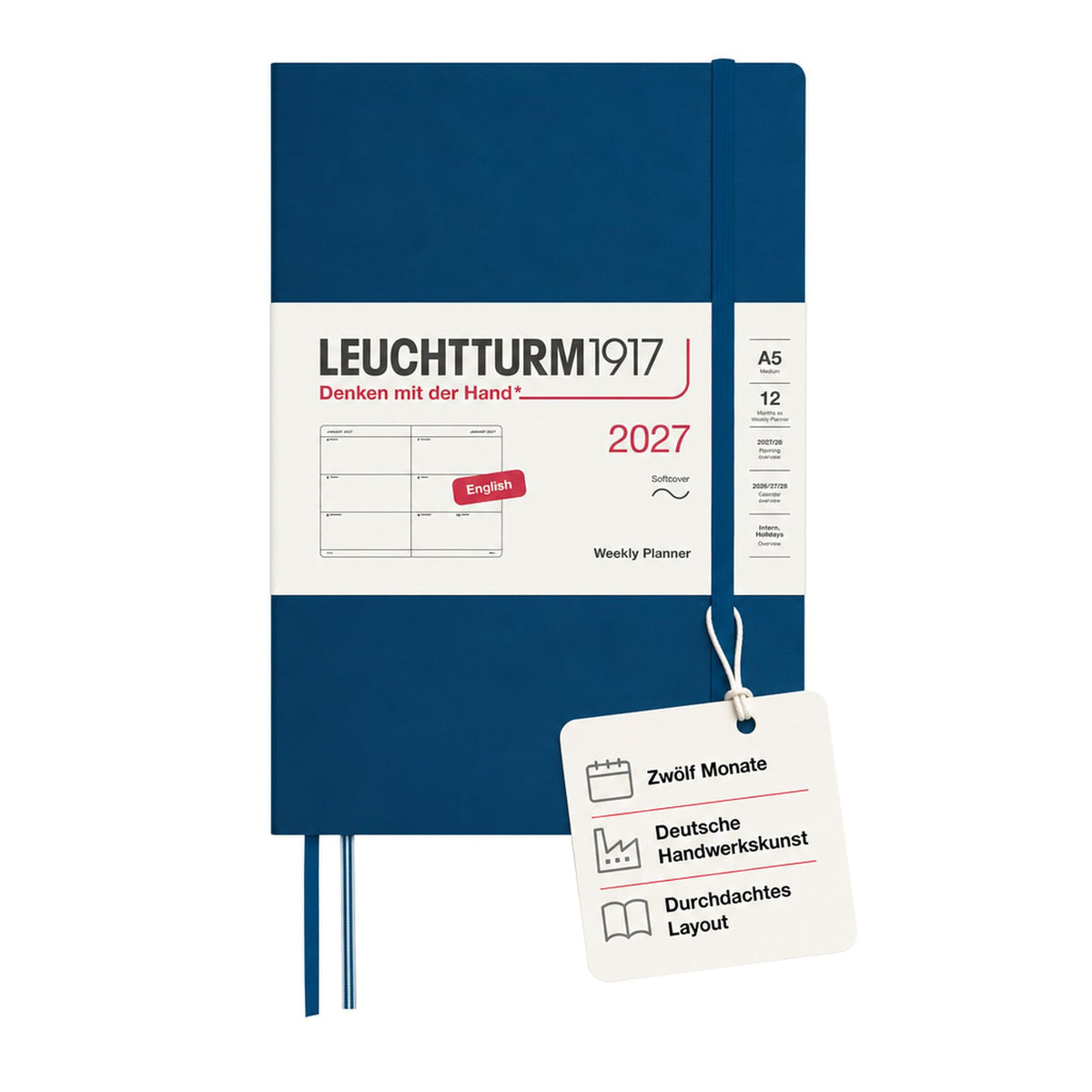 LEUCHTTURM1917 Calendar săptămânal 2027 Mediu (A5) - Engleză, Indigo, Coperți moale, 145 x 210 mm, 12 luni - ianuarie-decembrie 2027, 1 săptămână pe pagină dublă, hârtie de 80 g/m² cu compatibilitate ridicată cu cerneală - 400299