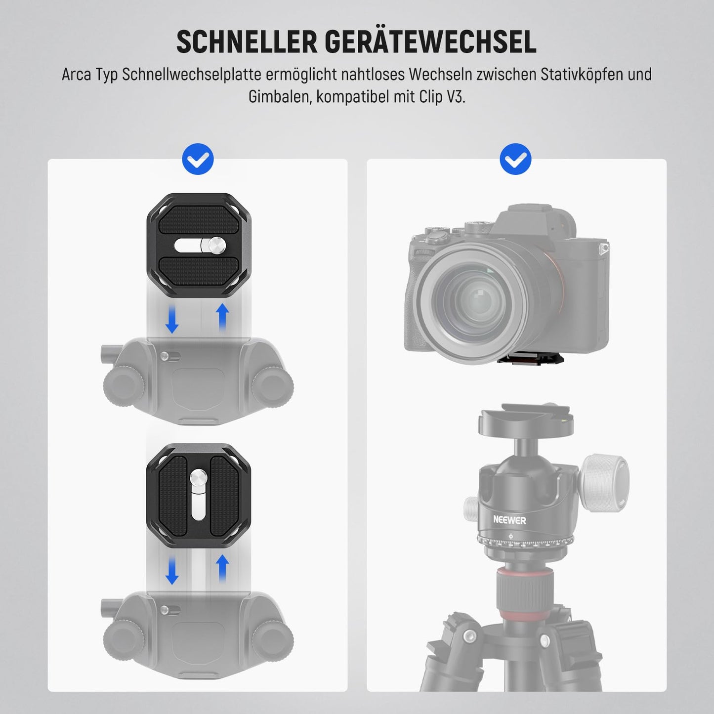 NEEWER GM34 camera quick release plate set, quick release automatic locking, square QR mounting plate with Arca clamp, compatible with Arca Swiss, camera clamp, maximum load 11lb/5kg