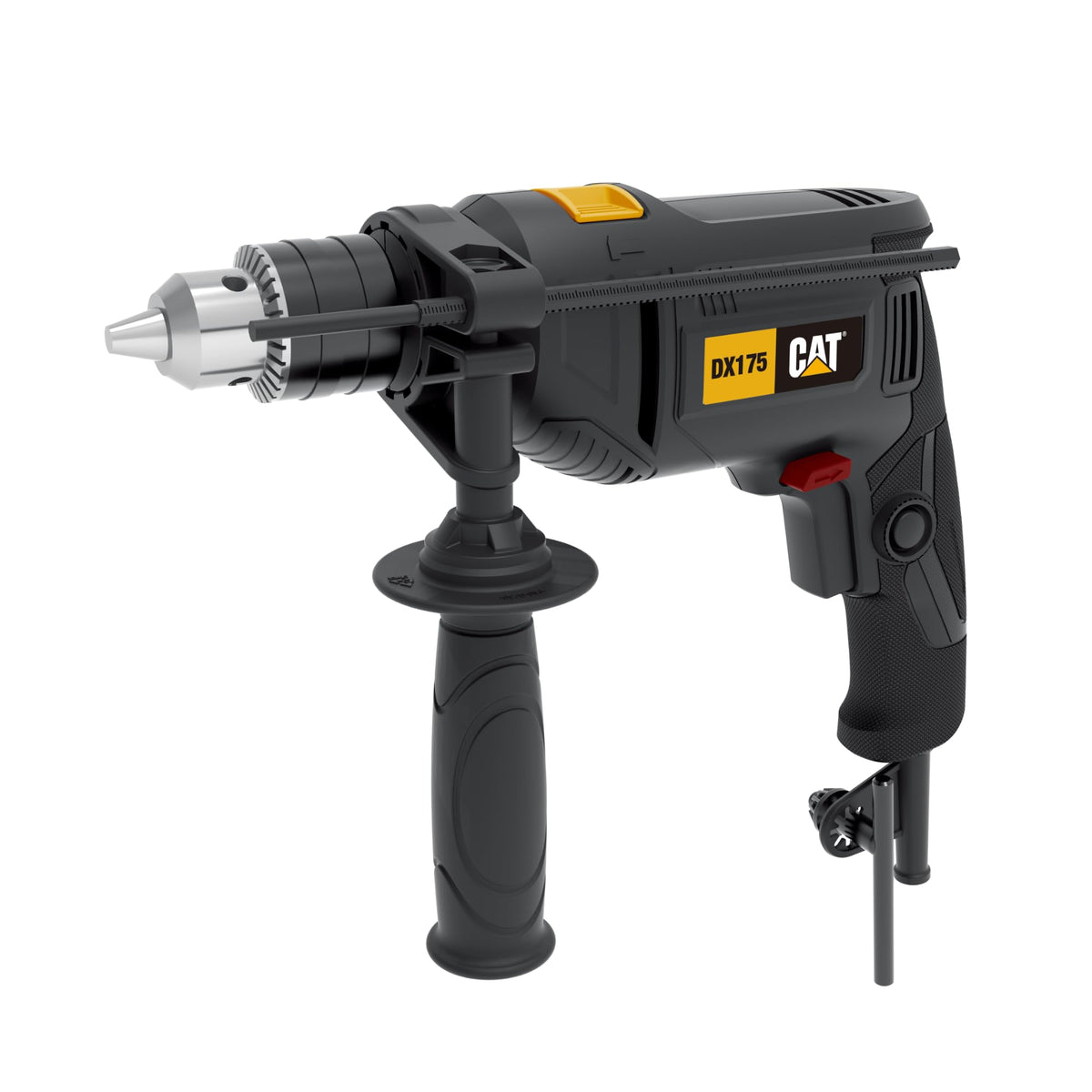 CAT DX175 Hammer Drill, 13 mm, 600W, 3000 RPM speed, 48,000 BPM impact rate, variable speed control, (includes depth stop, additional handle, and chuck key)