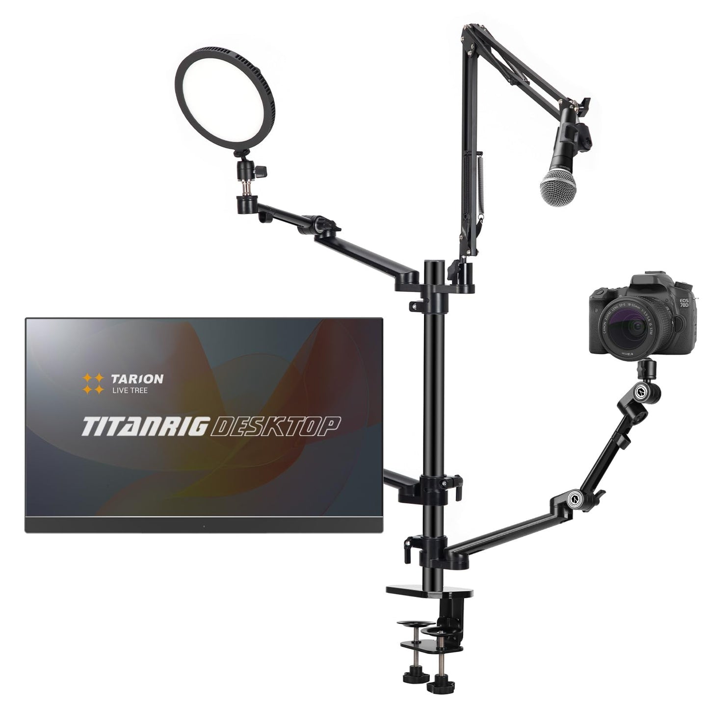 TARION table tripod camera overhead tripod: camera table mount clamp tripod flexible table mount with 4 articulated arms for ring light monitor microphone photography video live streaming titan rig (table set) - TitanRig-Desk