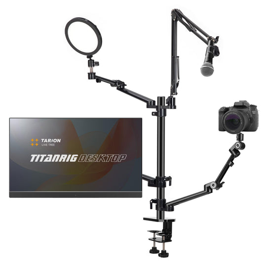TARION table tripod camera overhead tripod: camera table mount clamp tripod flexible table mount with 4 articulated arms for ring light monitor microphone photography video live streaming titan rig (table set) - TitanRig-Desk