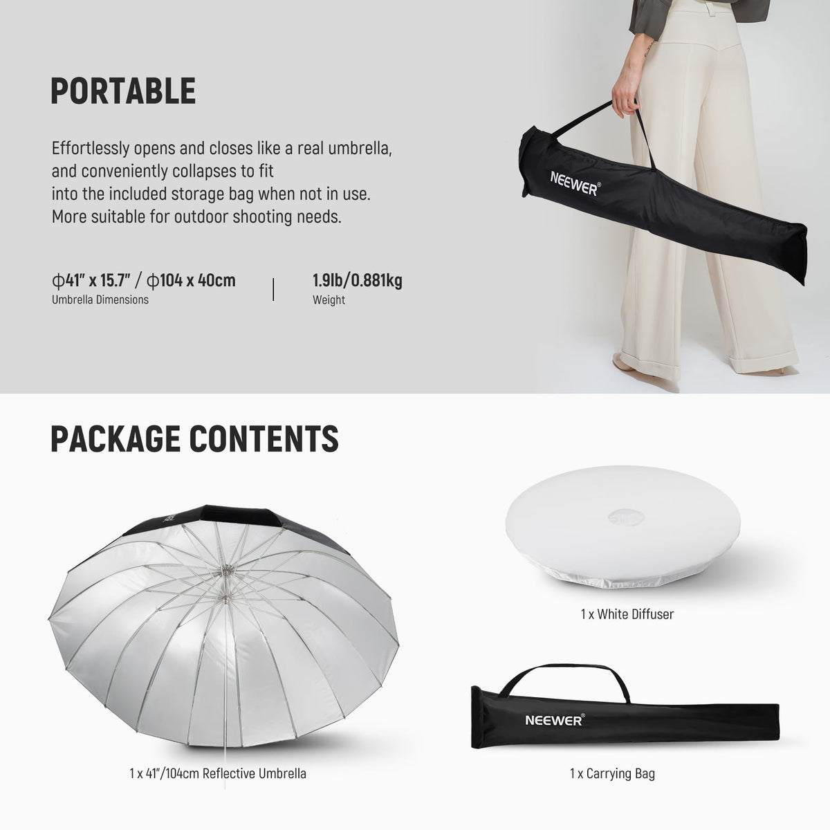 NEEWER 104cm Parabolic Reflective Umbrella for Photography, Studio Umbrella with Silver Interior, Soft Lighting with Diffuser Cover, Bag, Quick-Folding for Camera, Video Light, NS1U - 10103469