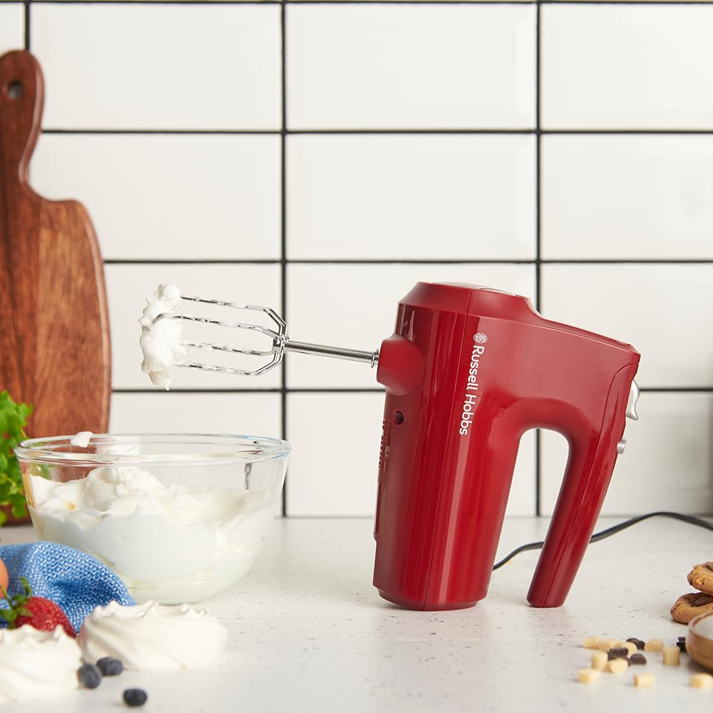 Russell Hobbs Hand Mixer, Red, 350 Watt, with Whisk and Dough Hooks - 27152-56