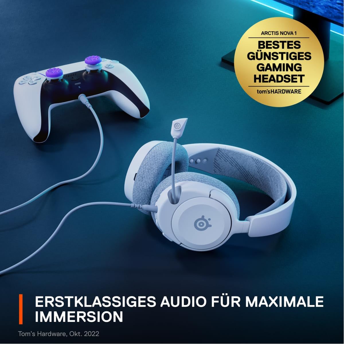 SteelSeries Arctis Nova 1P - Cască de gaming multi-sistem - Driver Hi-Fi - Sunet surround 360° - Perne pentru urechi din spumă cu memorie - Microfon cu anulare a zgomotului - PS5, PS4, PC, Xbox - Alb - 61612