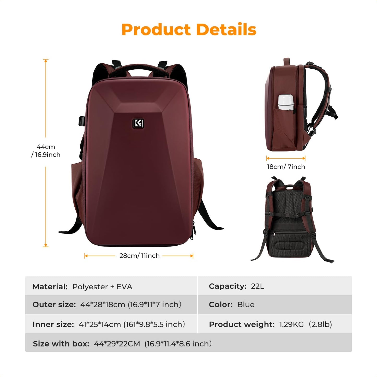 K&F CONCEPT camera backpack photo backpack with hard shell camera bag with 15.6 inch laptop compartment and rain cover, backpack for drones, red - KF13.134V5
