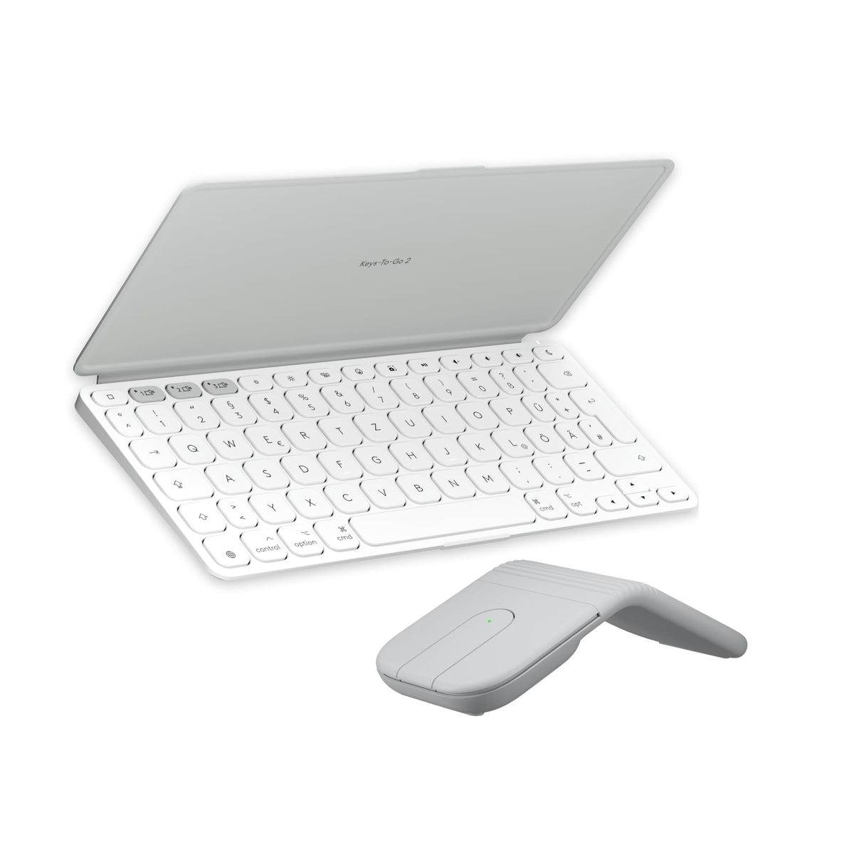 Logitech Keys-to-Go 2 and Mobi Fold, slim keyboard with cover and foldable mouse, lightweight, portable, Bluetooth, for Windows PC, Mac, Android, Chromebook, iPad, DEU QWERTZ - Light Gray & White - 910-007631